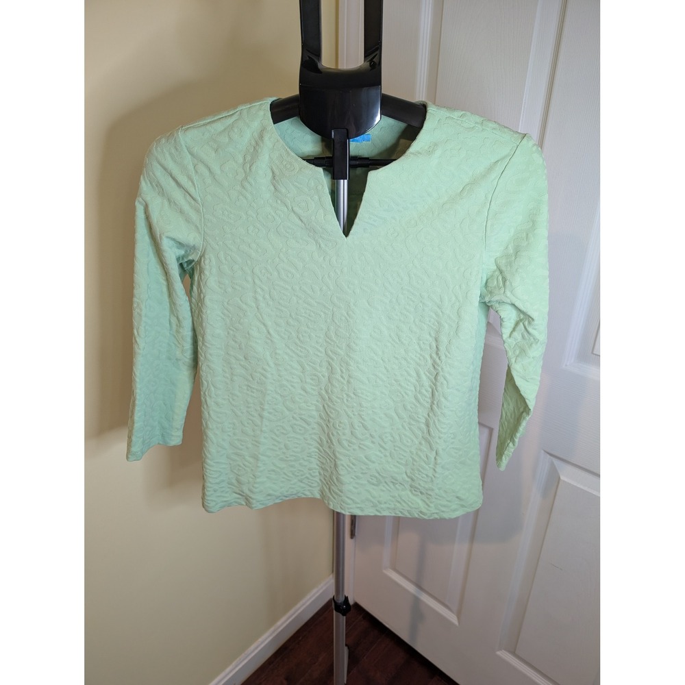 J.McLaughlin Carly Top Women Small Mint Jacquard Print Split Neck 3/4 Sleeve
